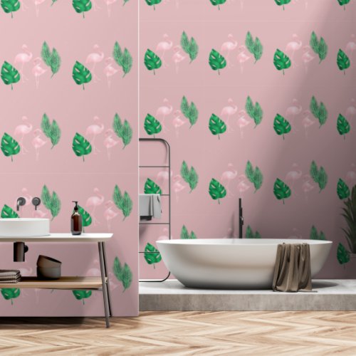 Pink Flamingos and Palm Leaves on Blush Pink Wallpaper