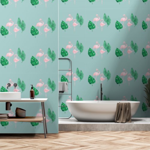 Pink Flamingos and Palm Leaves on Teal Wallpaper