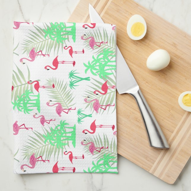 Pink Flamingos and Palm Trees Kitchen Towel (Quarter Fold)