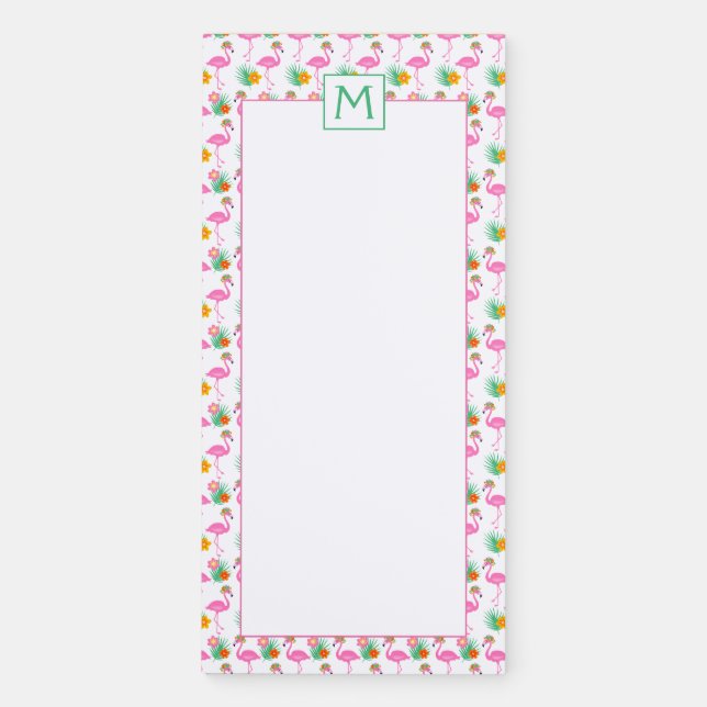 Pink Flamingos And Tropical Flowers Monogram Magnetic Notepad (Front)