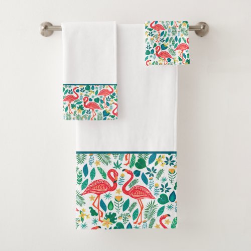Pink Flamingos and Tropical Flowers Pattern Bath Towel Set