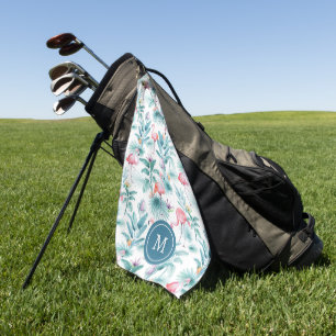 Pink flamingos and tropical flowers pattern golf towel