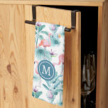Pink flamingos and tropical flowers pattern kitchen towel<br><div class="desc">Watercolors pink flamingos and tropical flowers in a seamless pattern and a custom monogram.</div>