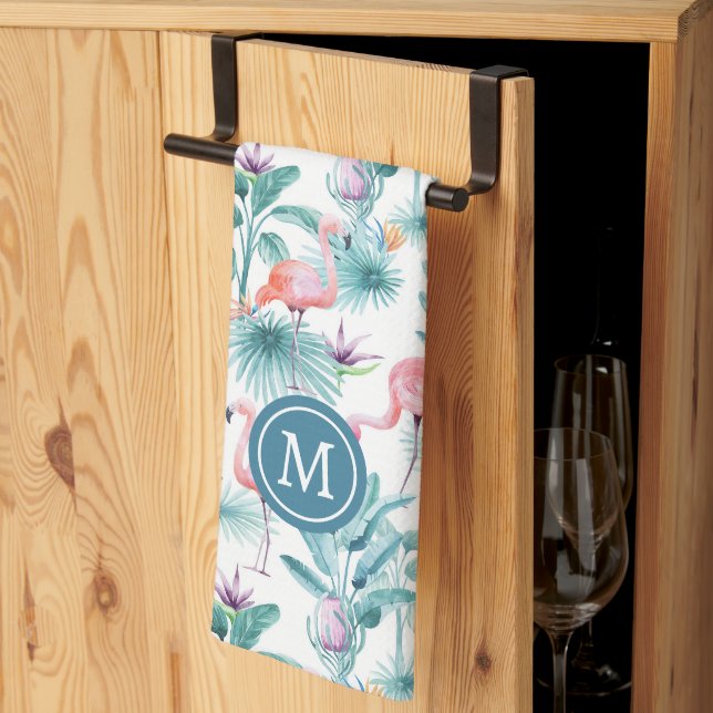 Pink flamingos and tropical flowers pattern kitchen towel (Thirds Fold)