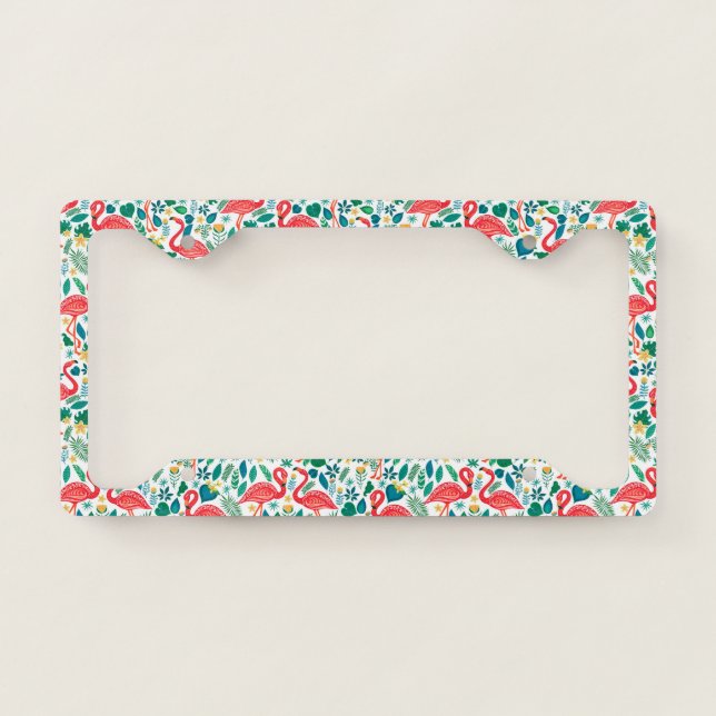Pink Flamingos and Tropical Flowers Pattern License Plate Frame (Front)