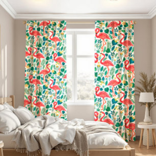 Pink Flamingos and Tropical Flowers Pattern Sheer Curtains