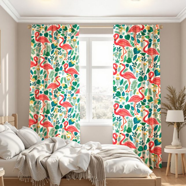 Pink Flamingos and Tropical Flowers Pattern Sheer Curtains (Creator Uploaded)
