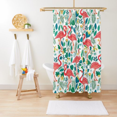 Pink Flamingos and Tropical Flowers Pattern Shower Curtain