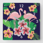 Pink Flamingos And Tropical Flowers Wall Clock at Zazzle