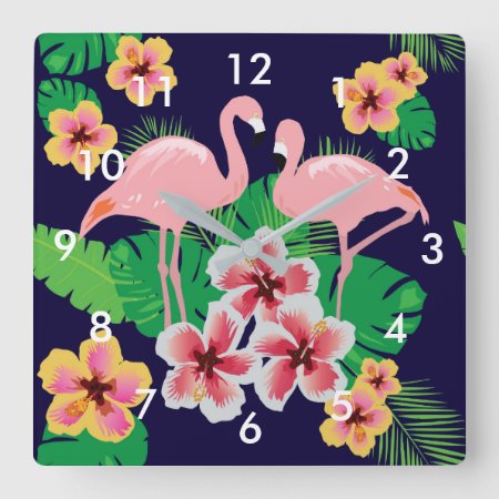 Pink Flamingos And Tropical Flowers Wall Clock