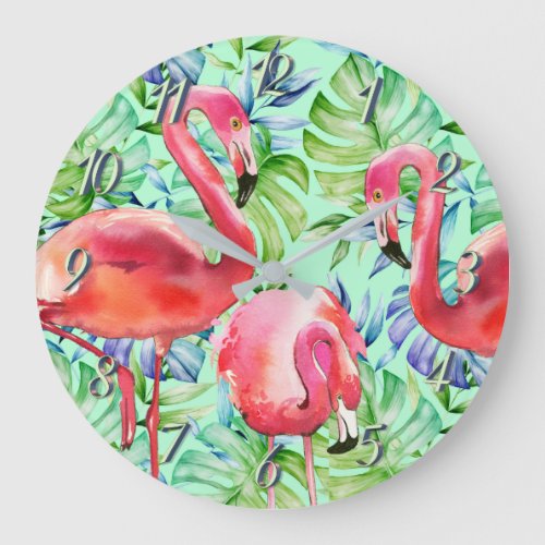 Pink Flamingos and Tropical Leaves Clock
