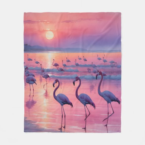 Pink flamingos at sunset fleece blanket