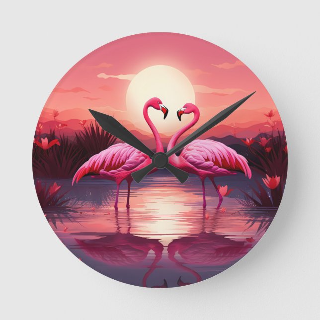 Pink Flamingos at Sunset Round Clock (Front)