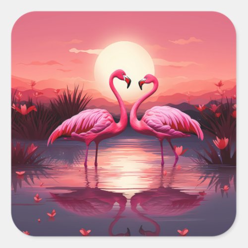Pink Flamingos at Sunset Square Sticker