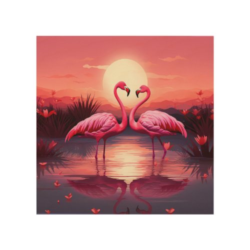 Pink Flamingos at Sunset Wood Wall Art