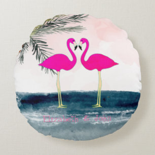 Pink Flamingos  Beach Round Pillow