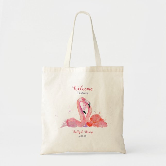 Pink Flamingos Beach Wedding Welcome Tote Bag (Front)