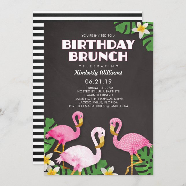 Pink Flamingos Birthday Brunch Chalkboard Invitation (Front/Back)