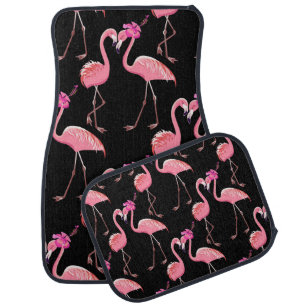 Pink Flamingos: Black Background Vintage Car Floor Mat