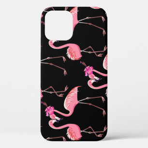 Pink Flamingos: Black Background Vintage iPhone 12 Case