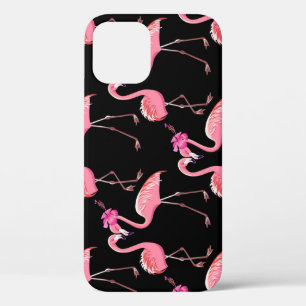 Pink Flamingos: Black Background Vintage iPhone 12 Case