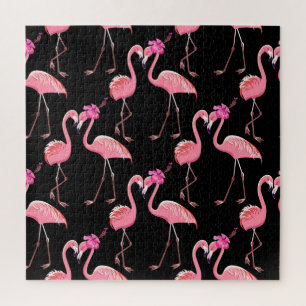 Pink Flamingos: Black Background Vintage Jigsaw Puzzle
