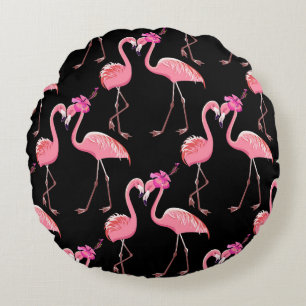 Pink Flamingos: Black Background Vintage Round Pillow