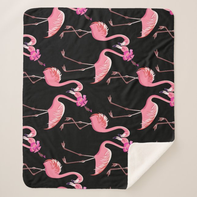 Pink Flamingos: Black Background Vintage Sherpa Blanket (Front)