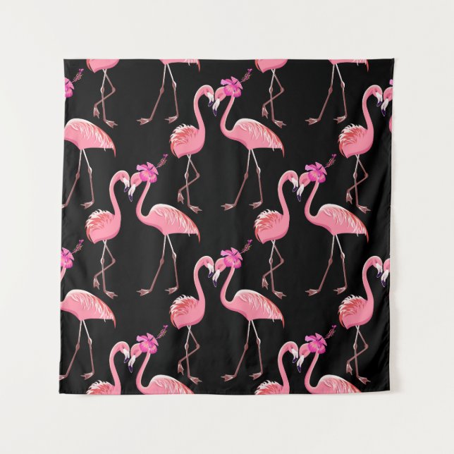 Pink Flamingos: Black Background Vintage Tapestry (Front)