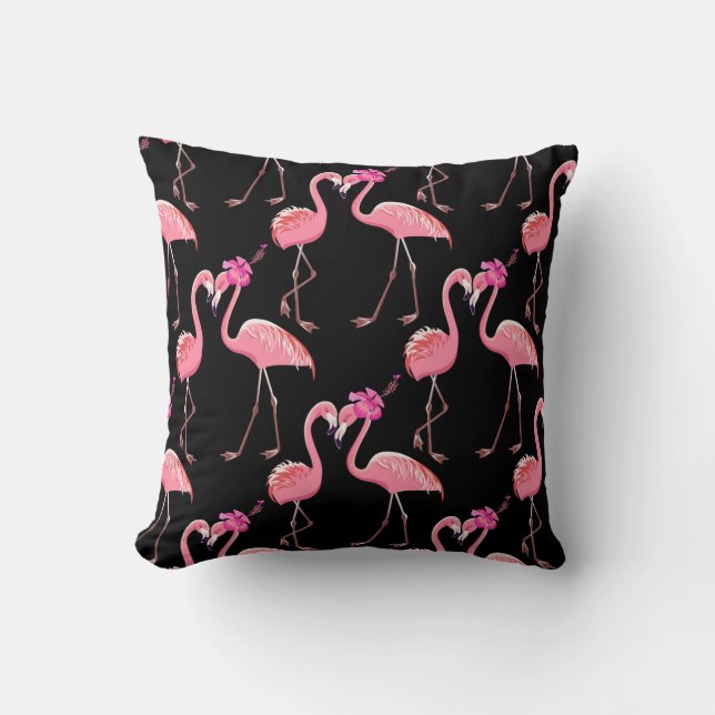 Pink Flamingos: Black Background Vintage Throw Pillow (Front)