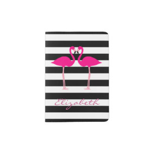 Pink Flamingos , Black White Striped -Personalized Passport Holder