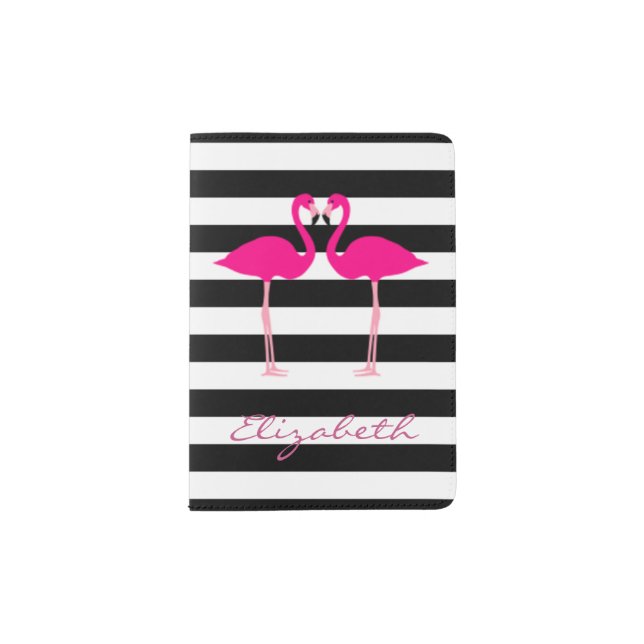 Pink Flamingos , Black White Striped -Personalized Passport Holder (Front)