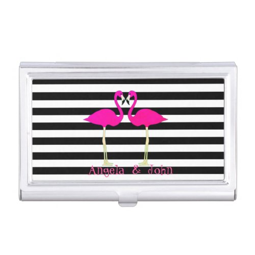 Pink Flamingos Black White Stripes Personalized Case For Business Cards