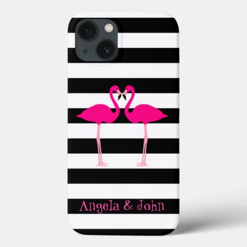 Pink Flamingos Black White Stripes Personalized iPhone 13 Case