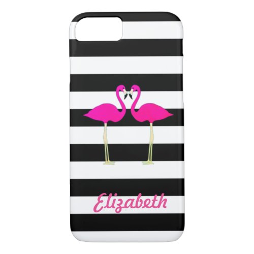 Pink Flamingos Black White Stripes Personalized iPhone 87 Case