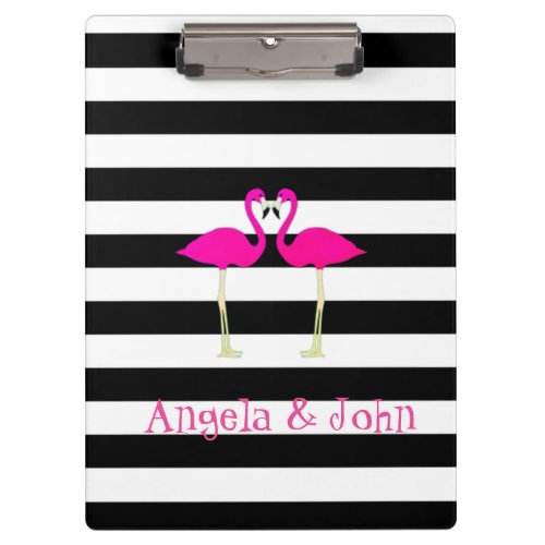 Pink Flamingos Black White Stripes Personalized Clipboard