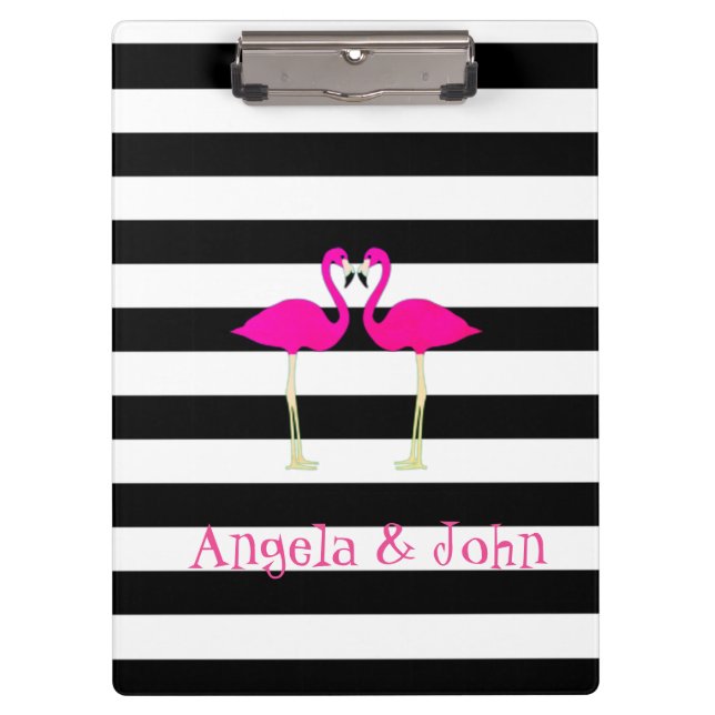 Pink Flamingos, Black, White Stripes Personalized Clipboard (Front)