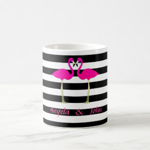 Pink Flamingos, Black, White Stripes Personalized Coffee Mug