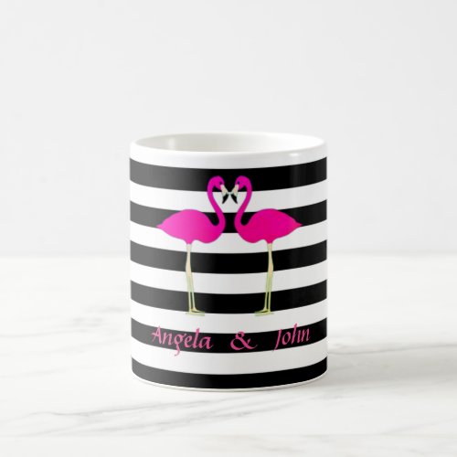 Pink Flamingos Black White Stripes Personalized Coffee Mug