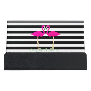 Pink Flamingos ,Black White Stripes,Personalized Desk Business Card Holder