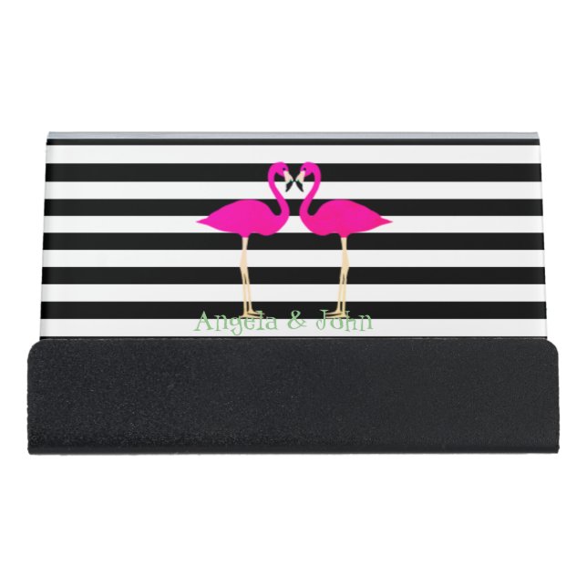 Pink Flamingos ,Black White Stripes,Personalized Desk Business Card Holder (Front)