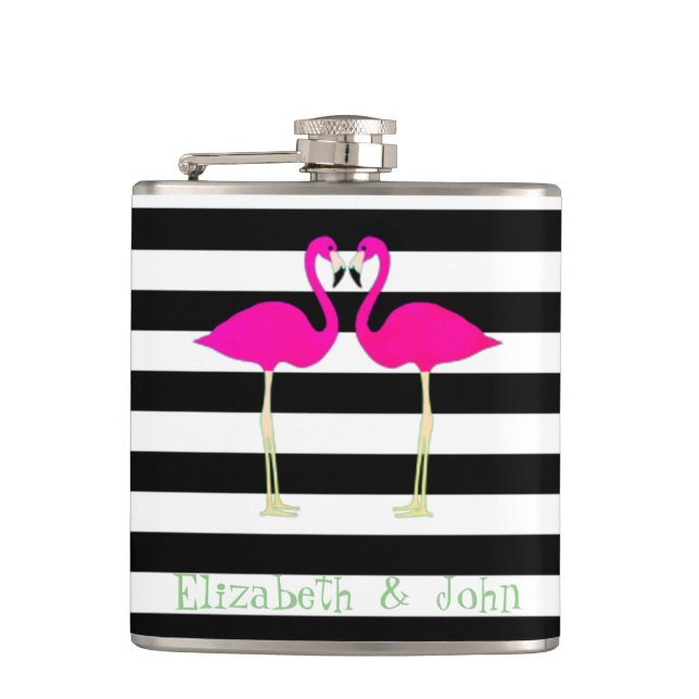 Pink Flamingos ,Black White Stripes,Personalized Hip Flask (Front)