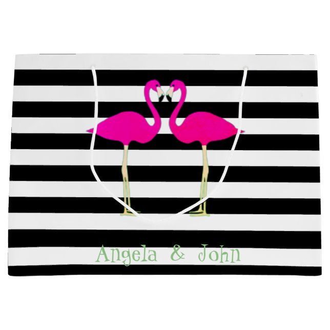 Pink Flamingos ,Black White Stripes,Personalized Large Gift Bag (Front)