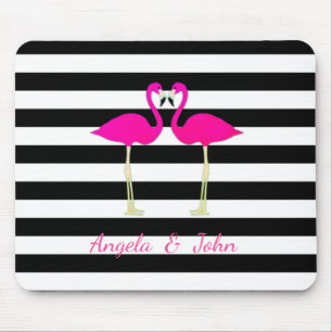 Pink Flamingos, Black, White Stripes Personalized Mouse Pad