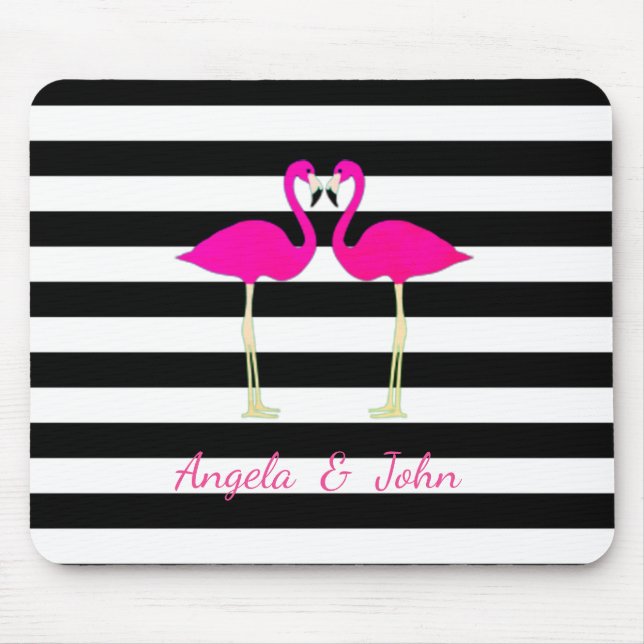 Pink Flamingos, Black, White Stripes Personalized Mouse Pad (Front)
