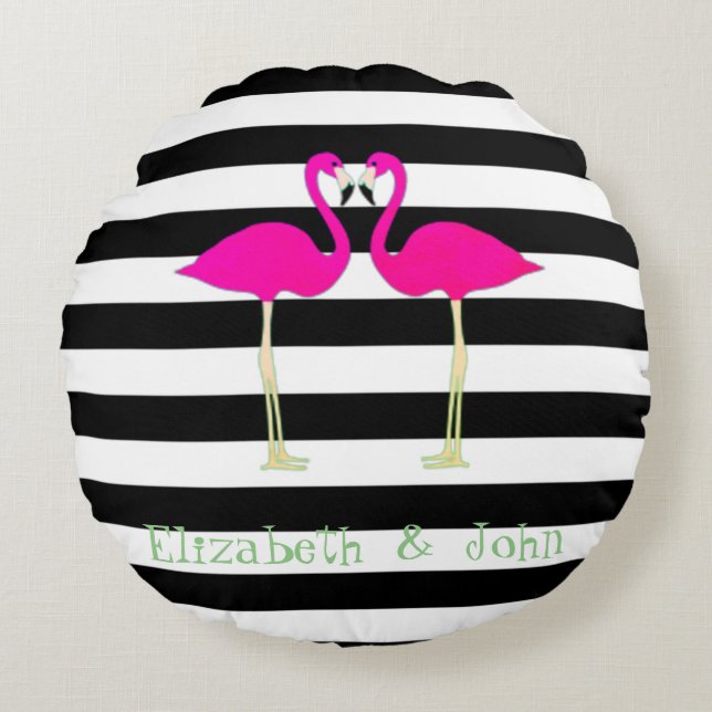 Pink Flamingos ,Black White Stripes,Personalized Round Pillow (Front)