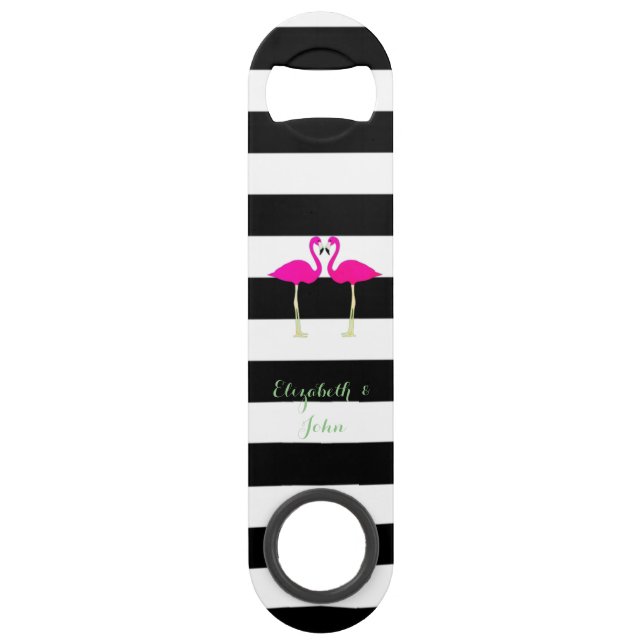 Pink Flamingos ,Black White Stripes,Personalized Speed Bottle Opener (Front)