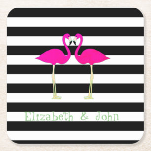 Pink Flamingos ,Black White Stripes,Personalized Square Paper Coaster