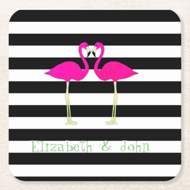Pink Flamingos ,Black White Stripes,Personalized Square Paper Coaster (Front)