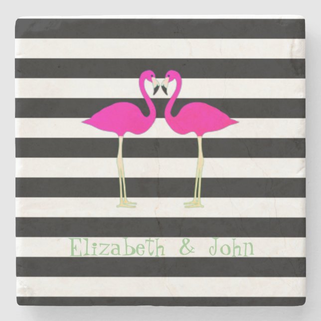 Pink Flamingos ,Black White Stripes,Personalized Stone Coaster (Front)